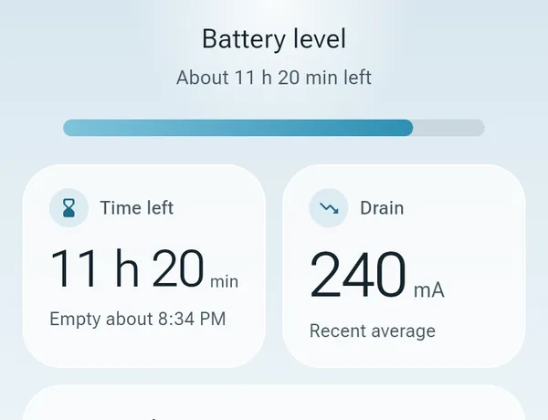 Watts on battery showing about 11 hours 20 minutes left and a drain of 240 milliamps